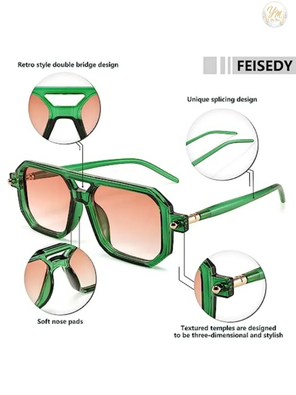 Vintage Square Aviator Sunglasses UV400 Protection Retro Double Bridge Frame